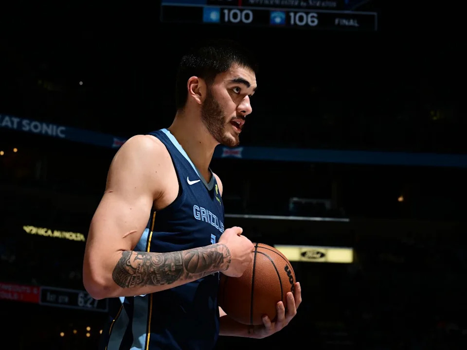 Zach Edey of the Memphis Grizzlies looks on during the game against the Portland Trail Blazers on December 7, 2025 at FedExForum in Memphis, Tennessee. NBAE via Getty Images