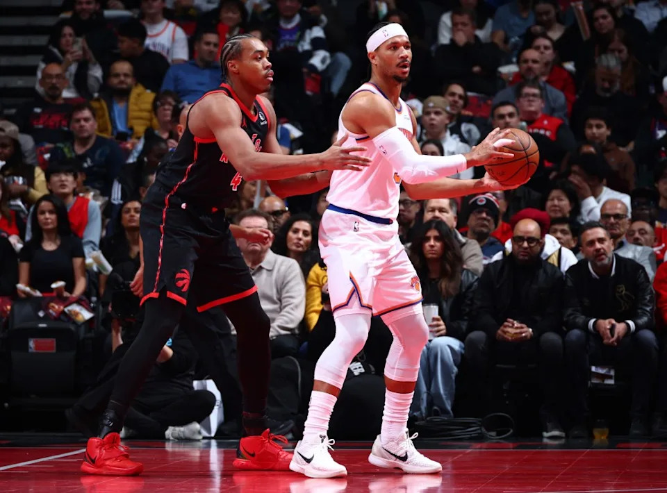Josh Hart looks to make a pass during the Knicks’ NBA Cup quarterfinal win over the Raptors. NBAE via Getty Images