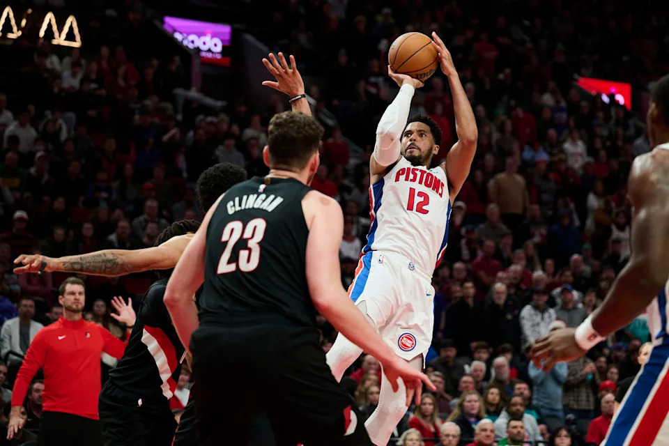 Detroit Pistons forward Tobias Harris (12) shoots a jump shot during the second half against the Portland Trail Blazers at Moda Center in Portland, Oregon, on Monday, Dec. 22, 2025.
