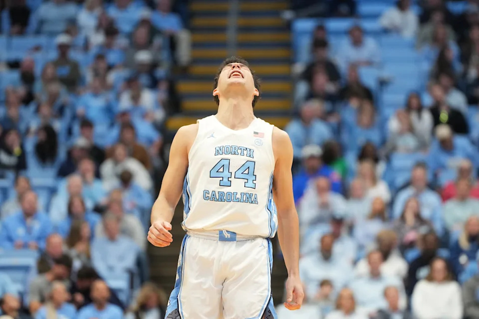 Dec 13, 2025; Chapel Hill, North Carolina, USA; North Carolina Tar Heels guard Luka Bogavac (44) reacts in the second half at Dean E. Smith Center. Mandatory Credit: Bob Donnan-Imagn Images
