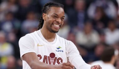 Cleveland Cavaliers guard Darius Garland reacts after a play against the Utah Jazz during the first half of an NBA basketball game, Sunday, March 23, 2025, in Salt Lake City. (AP Photo/Rob Gray)