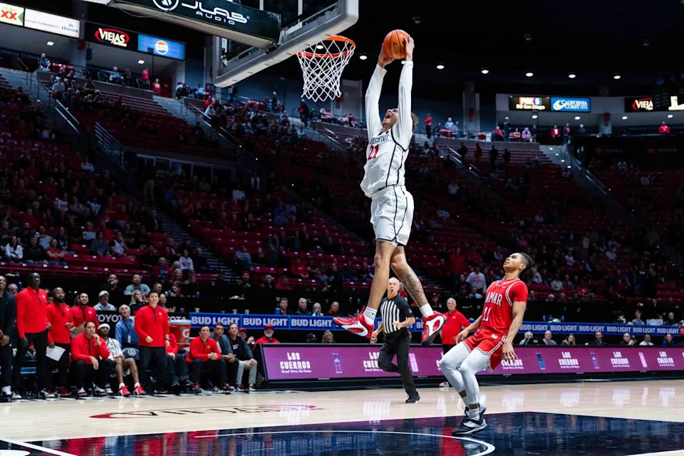 San Diego State guard Miles Byrd (21) dunks during an NCAA Basketball game between Lamar and San Diego State, Wednesday December 10, 2025 at Viejas Arena in San Diego, Calif.