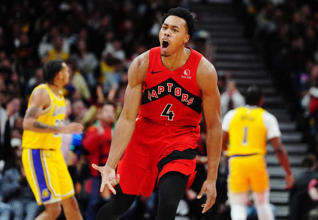 Scottie Barnes of the Toronto Raptors celebrating after a basket against the Los Angeles Lakers.