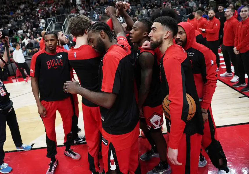 Jan 31, 2025; Toronto, Ontario, CAN: The Chicago Bulls players huddle before the start of a game against the Toronto Raptors at Scotiabank Arena. Mandatory Credit: Nick Turchiaro-Imagn Images