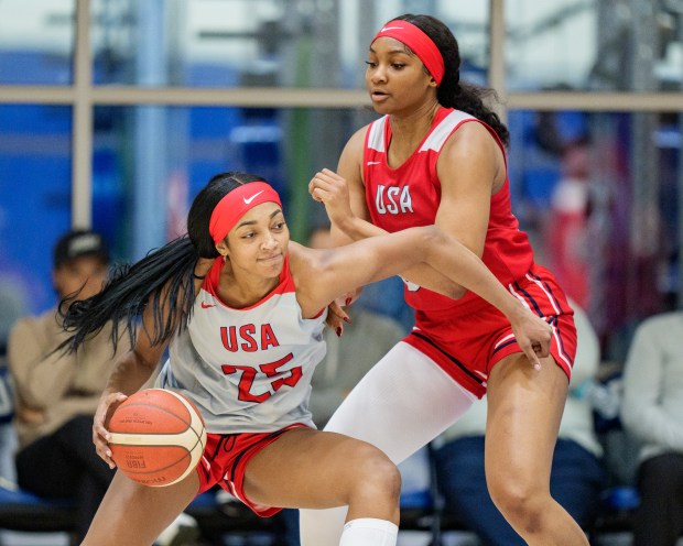 Kiki Iriafen guards Angel Reese during the United States Women's Basketball Team training camp at Duke University on Dec. 12, 2025, in Durham, North Carolina. (Jacob Kupferman/Getty Images)