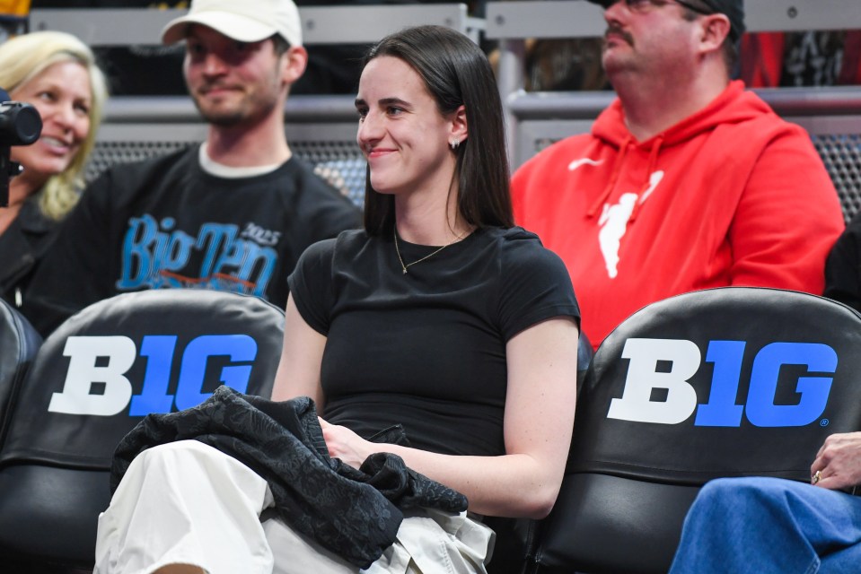 Caitlin Clark attends a Big Ten Women's Basketball Tournament - Quarterfinals game between the Iowa Hawkeyes and the Ohio State Buckeyes at Gainbridge Fieldhouse on March 07, 2025 in Indianapolis, Indiana. The Ohio State Buckeyes won the game 60-59. 