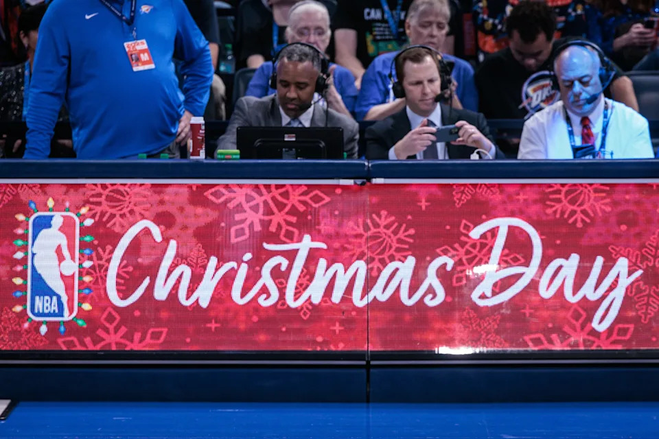 OKLAHOMA CITY, OKLAHOMA - DECEMBER 25: NBA Christmas board court side prior to the game between the Oklahoma City Thunder and the San Antonio Spurs at Paycom Center on December 25, 2025 in Oklahoma City, Oklahoma. NOTE TO USER: User expressly acknowledges and agrees that, by downloading and or using this photograph, User is consenting to the terms and conditions of the Getty Images License Agreement. (Photo by William Purnell/Getty Images)