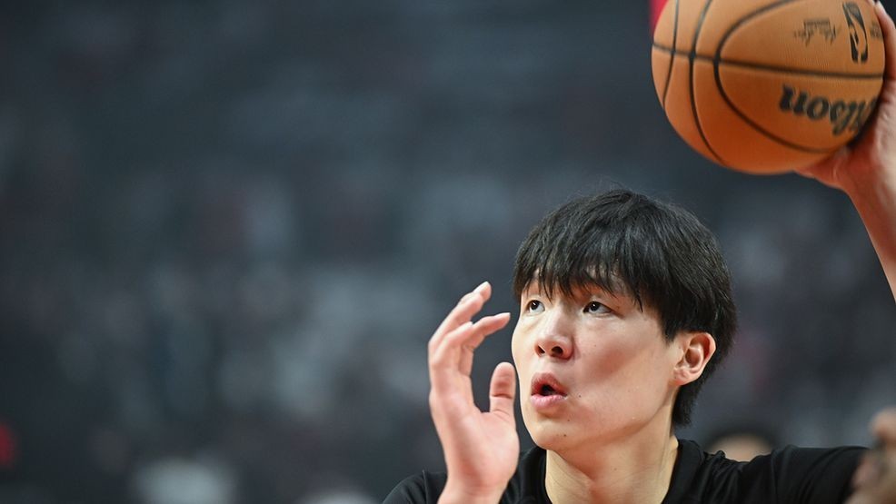 FILE -- Portland Trail Blazers Yang Hansen warms up before playing the Minnesota Timberwolves at the Moda Center on Wednesday, Oct. 22, 2025. (Steve Benham/KATU,file)
