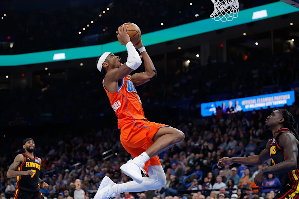 Dec 29, 2025; Oklahoma City, Oklahoma, USA; Oklahoma City Thunder guard Shai Gilgeous-Alexander (2) goes to the basket against the Atlanta Hawks during the second half at Paycom Center. Mandatory Credit: Alonzo Adams-Imagn Images