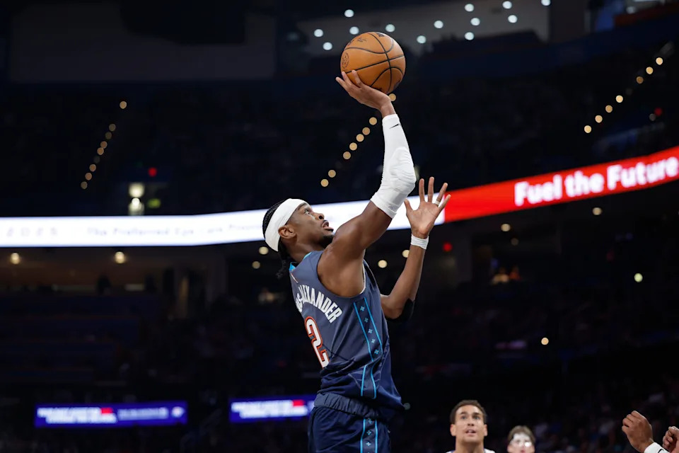 Dec 5, 2025; Oklahoma City, Oklahoma, USA; Oklahoma City Thunder guard Shai Gilgeous-Alexander (2) shoots against the Dallas Mavericks during the second half at Paycom Center. Mandatory Credit: Alonzo Adams-Imagn Images