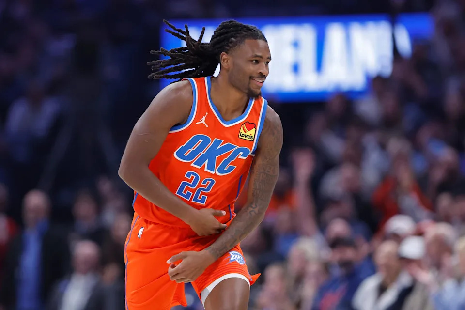 Dec 29, 2025; Oklahoma City, Oklahoma, USA; Oklahoma City Thunder guard Cason Wallace (22) reacts after scoring a basket against the Atlanta Hawks during the first half at Paycom Center. Mandatory Credit: Alonzo Adams-Imagn Images