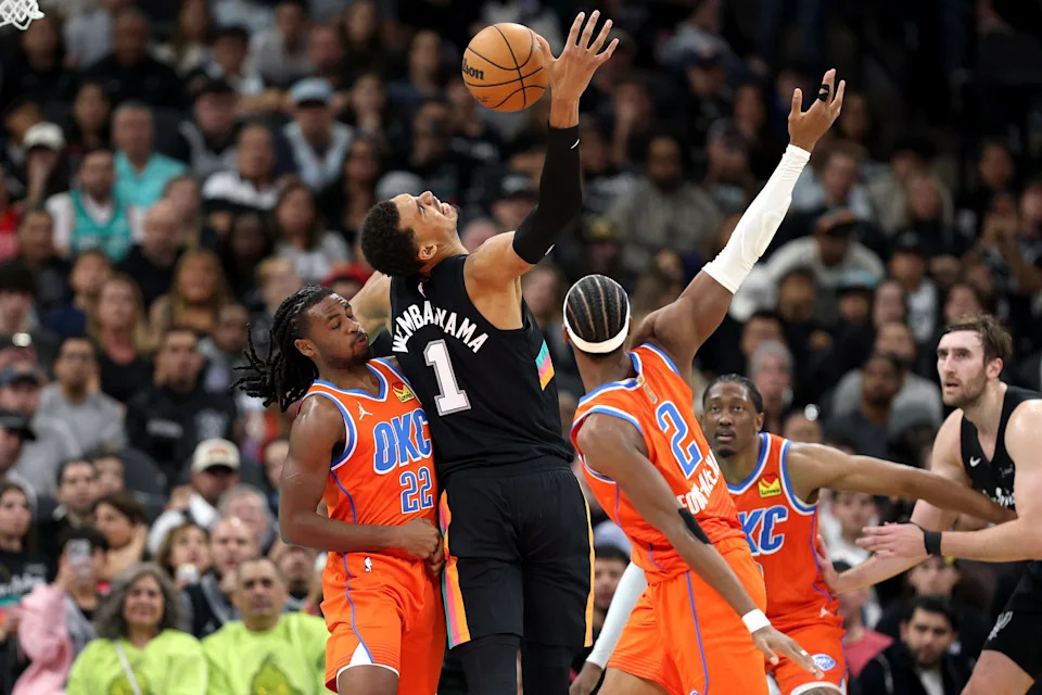 SAN ANTONIO, TEXAS - DECEMBER 23: Victor Wembanyama #1 of the San Antonio Spurs in action during the second quarter of the game against Cason Wallace #22 of the Oklahoma City Thunder at Frost Bank Center on December 23, 2025 in San Antonio, Texas. (Photo by Kenneth Richmond/Getty Images)