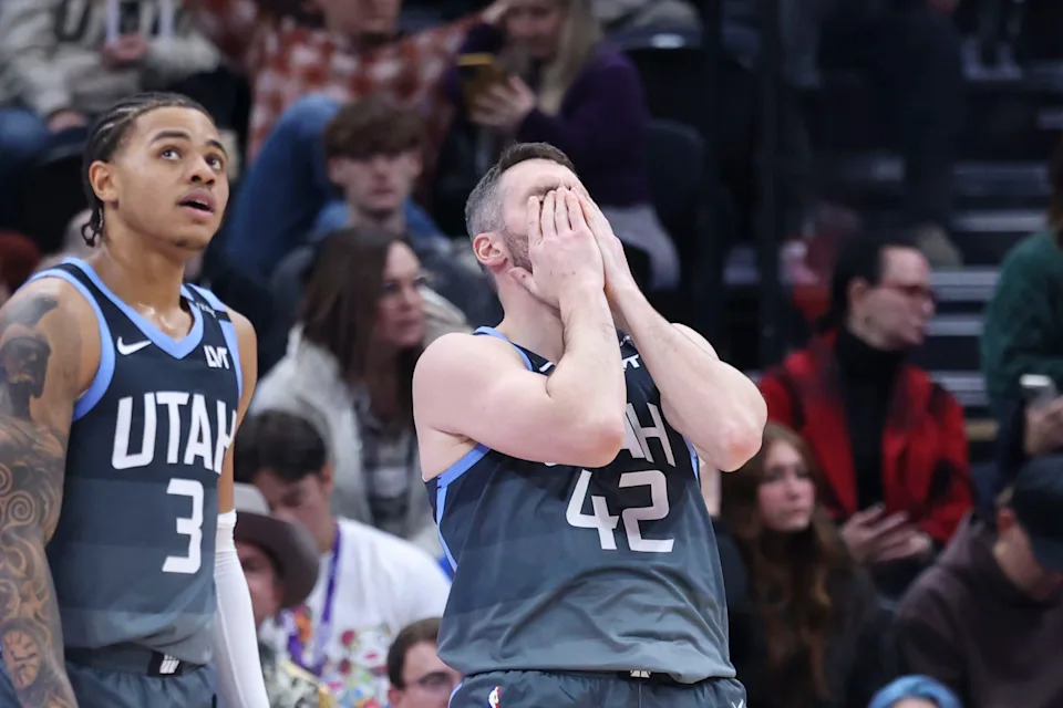 Dec 7, 2025; Salt Lake City, Utah, USA; Utah Jazz forward Kevin Love (42) reacts after a foul call for the Oklahoma City Thunder during the second half at Delta Center. Mandatory Credit: Rob Gray-Imagn Images