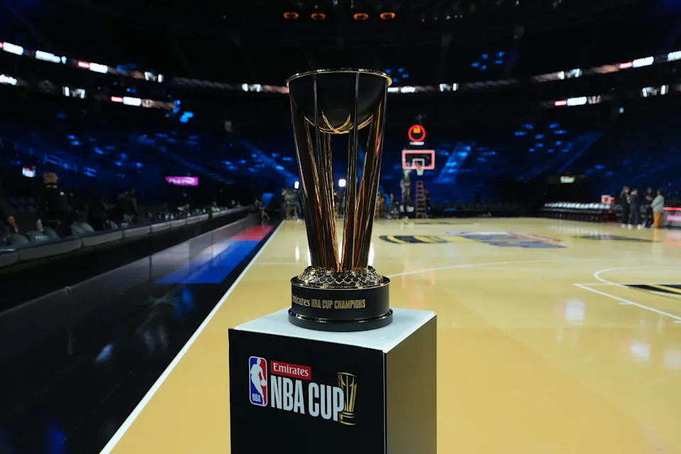 Dec 13, 2025; Las Vegas, Nevada, USA; The NBA Cup Trophy on the court following the game between the San Antonio Spurs and the Oklahoma City Thunder at T-Mobile Arena. Mandatory Credit: Kirby Lee-Imagn Images