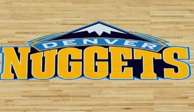The logo of the Denver Nuggets on the court