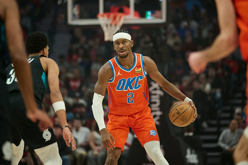 Nov 30, 2025; Portland, Oregon, USA; Oklahoma City Thunder guard Shai Gilgeous-Alexander (2) dribbles the basketball during the first half against Portland Trail Blazers forward Toumani Camara (33) at Moda Center. Mandatory Credit: Troy Wayrynen-Imagn Images