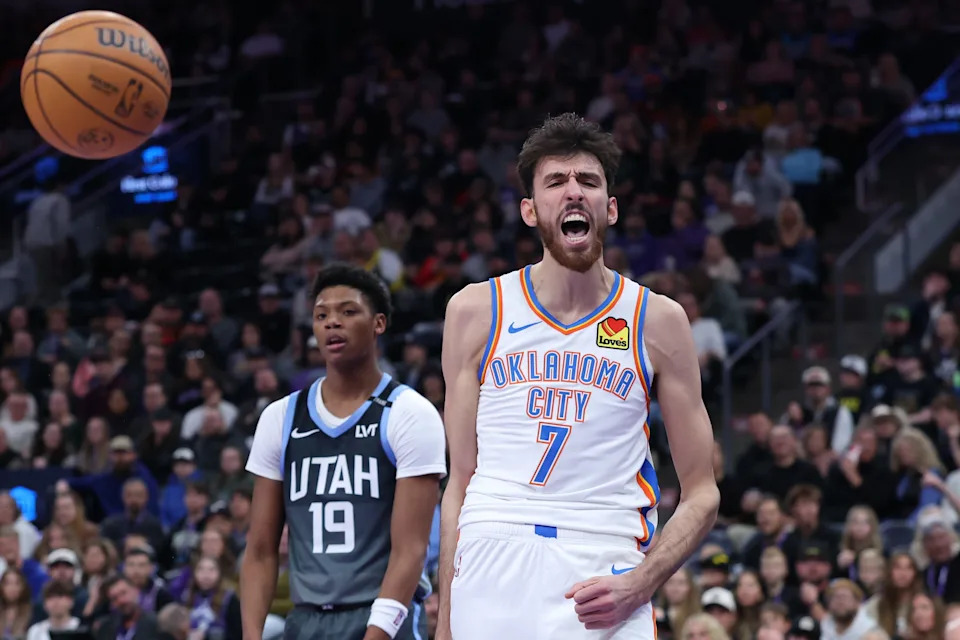 Dec 7, 2025; Salt Lake City, Utah, USA; Oklahoma City Thunder center Chet Holmgren (7) reacts after a dunk against the Utah Jazz during the second quarter at Delta Center. Mandatory Credit: Rob Gray-Imagn Images