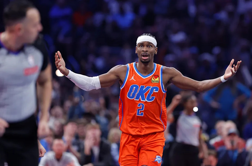 Dec 10, 2025; Oklahoma City, Oklahoma, USA; Oklahoma City Thunder guard Shai Gilgeous-Alexander (2) reacts after a play against the Phoenix Suns during the second quarter at Paycom Center. Mandatory Credit: Alonzo Adams-Imagn Images