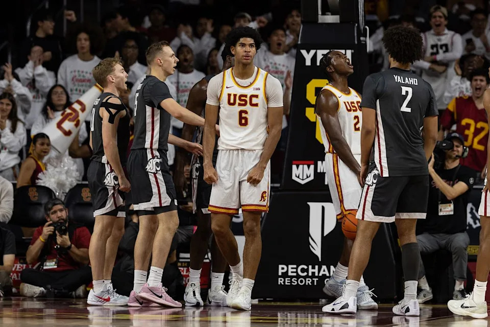 USC forward Jacob Cofie (6) celebrates during a Big Ten Conference college basketball game against the Washington State Cougars, Sunday December 14, 2025 in Los Angeles, Calif.