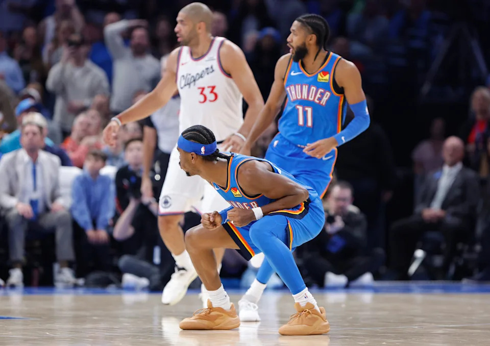 Dec 18, 2025; Oklahoma City, Oklahoma, USA; Oklahoma City Thunder guard Shai Gilgeous-Alexander (2) watches as his shot goes up against the Los Angeles Clippers during the second half at Paycom Center. Mandatory Credit: Alonzo Adams-Imagn Images