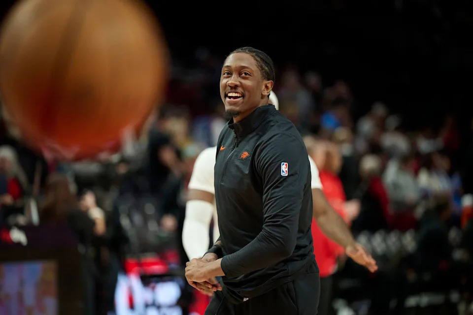 Nov 30, 2025; Portland, Oregon, USA; Oklahoma City Thunder guard Jalen Williams (8) smiles during warm ups before a game against the Portland Trail Blazers at Moda Center. Mandatory Credit: Troy Wayrynen-Imagn Images