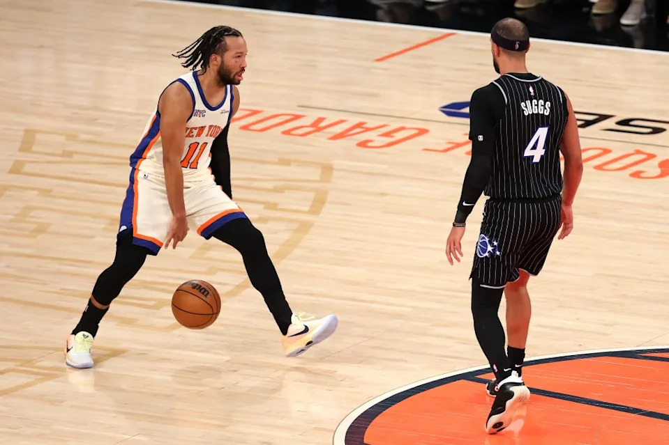 Jalen Brunson brings up the ball against Jalen Suggs. Getty Images