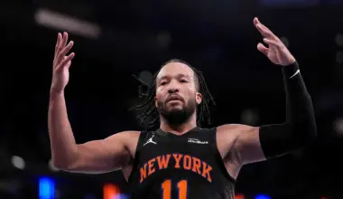The New York Knicks' Jalen Brunson celebrating during their 181-109 win over the Milwaukee Bucks on Nov 28.