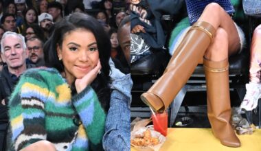 eniko hart, lakers basketball game, nba, kevin hart, brown boots, knee high, foldover, givenchy