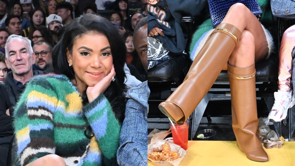 eniko hart, lakers basketball game, nba, kevin hart, brown boots, knee high, foldover, givenchy