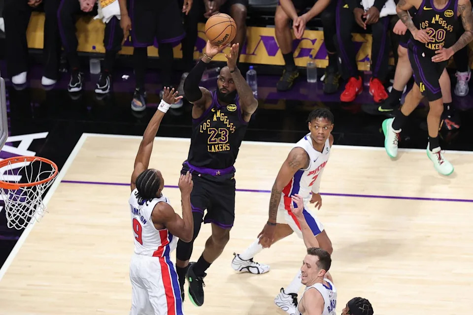 #23 SF LeBron James of the Los Angeles Lakers shoots the basketball during an NBA game against the Detroit Pistons on December 30, 2025 in Los Angeles, CA.