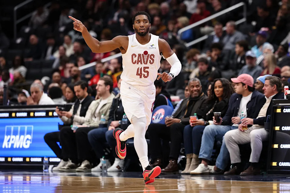 WASHINGTON, DC - DECEMBER 12: Donovan Mitchell #45 of the Cleveland Cavaliers celebrates after making a three point basket against the Washington Wizards during the first half at Capital One Arena on December 12, 2025 in Washington, DC. NOTE TO USER: User expressly acknowledges and agrees that, by downloading and or using this photograph, User is consenting to the terms and conditions of the Getty Images License Agreement. (Photo by Scott Taetsch/Getty Images)