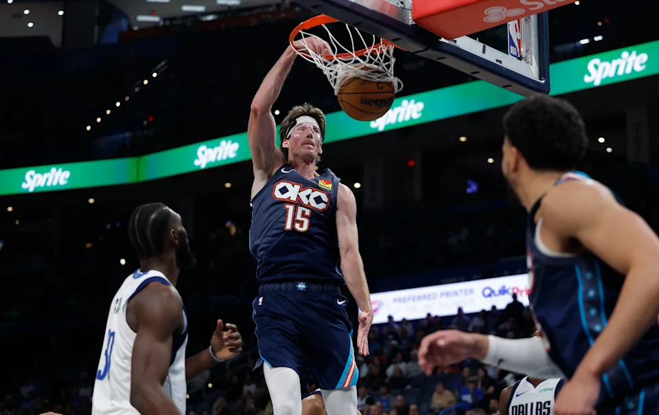 Dec 5, 2025; Oklahoma City, Oklahoma, USA; Oklahoma City Thunder center Branden Carlson (15) dunks against the Dallas Mavericks during the second half at Paycom Center. Mandatory Credit: Alonzo Adams-Imagn Images