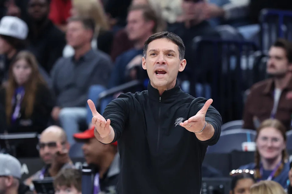 Dec 7, 2025; Salt Lake City, Utah, USA; Oklahoma City Thunder head coach Mark Daigneault reacts after a foul called on the Utah Jazz during the second quarter at Delta Center. Mandatory Credit: Rob Gray-Imagn Images