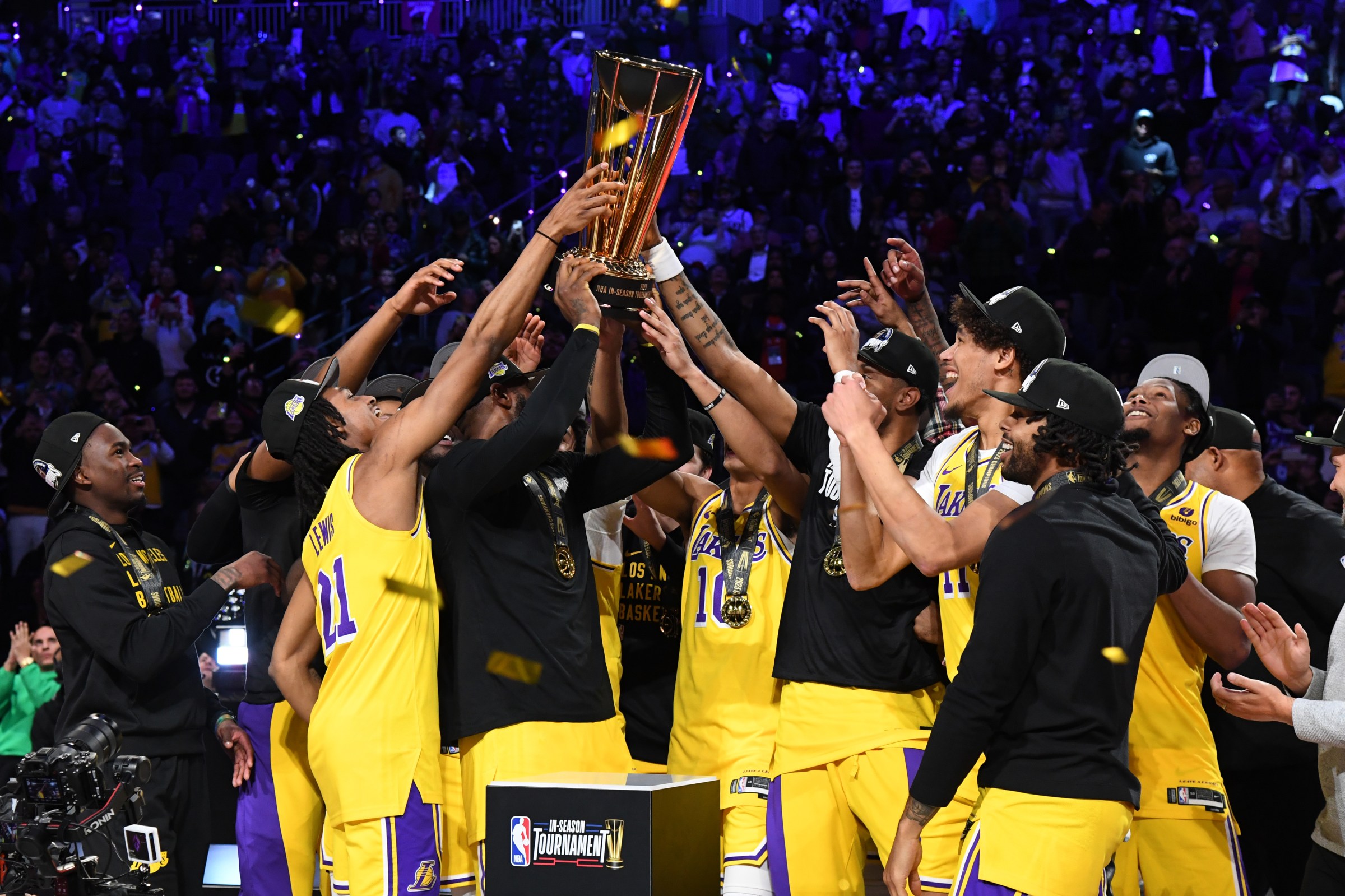 LAS VEGAS, NV - DECEMBER 9: The Los Angeles Lakers celebrate with the NBA Cup after winning the In-Season Tournament Championship game against the Indiana Pacers on December 9, 2023 at T-Mobile Arena in Las Vegas, Nevada. NOTE TO USER: User expressly acknowledges and agrees that, by downloading and or using this photograph, User is consenting to the terms and conditions of the Getty Images License Agreement. Mandatory Copyright Notice: Copyright 2023 NBAE (Photo by Andrew D. Bernstein/NBAE via Getty Images)