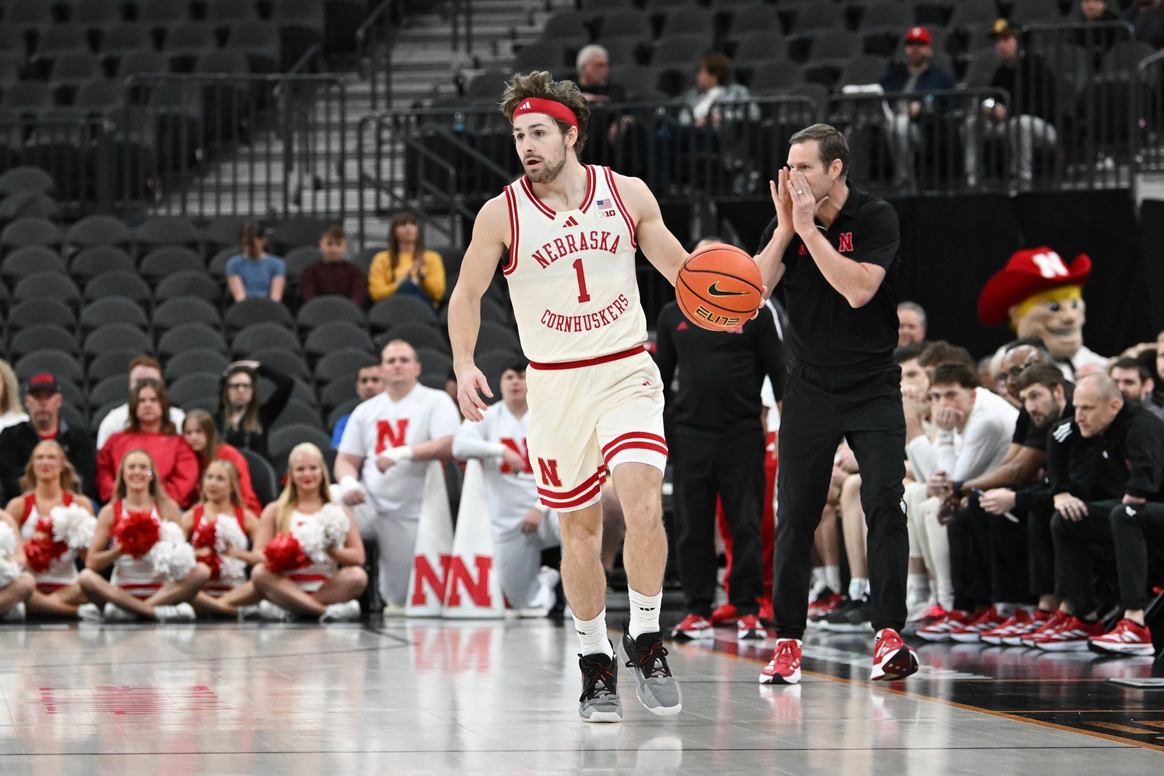 LAS VEGAS, NEVADA - APRIL 05: Sam Hoiberg #1 of the Nebraska Cornhuskers dribbles the ball against the Boise State Broncos in the first half in a semifinal game of the College Basketball Crown tournament at T-Mobile Arena on April 05, 2025 in Las Vegas, Nevada. The Cornhuskers defeated the Broncos 79-69. (Photo by Candice Ward/Getty Images)