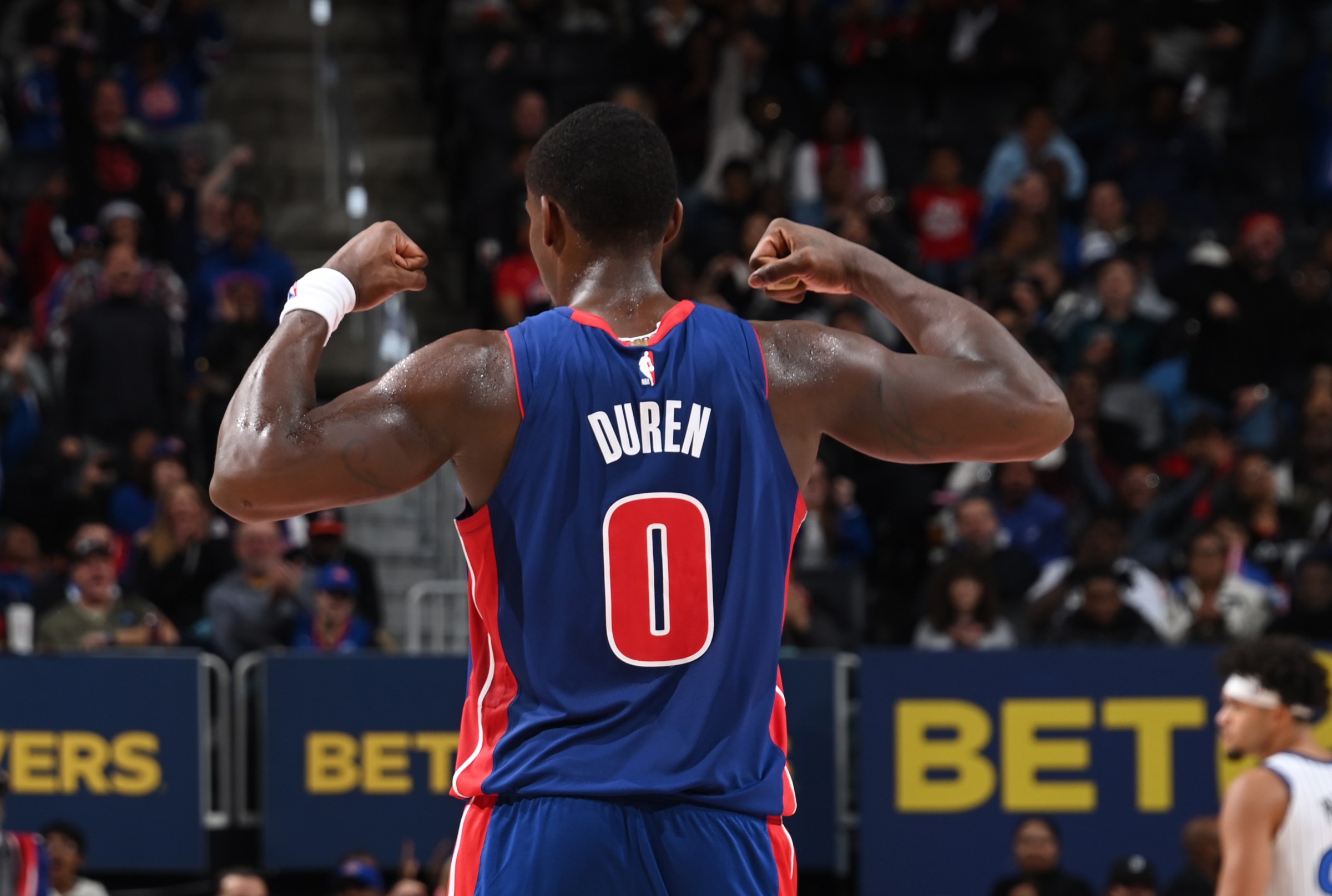 DETROIT, MI - OCTOBER 29: Jalen Duren #0 of the Detroit Pistons looks on during the game against the Orlando Magic on October 29, 2025 at Little Caesars Arena in Detroit, Michigan. NOTE TO USER: User expressly acknowledges and agrees that, by downloading and/or using this photograph, User is consenting to the terms and conditions of the Getty Images License Agreement. Mandatory Copyright Notice: Copyright 2025 NBAE (Photo by Chris Schwegler/NBAE via Getty Images)