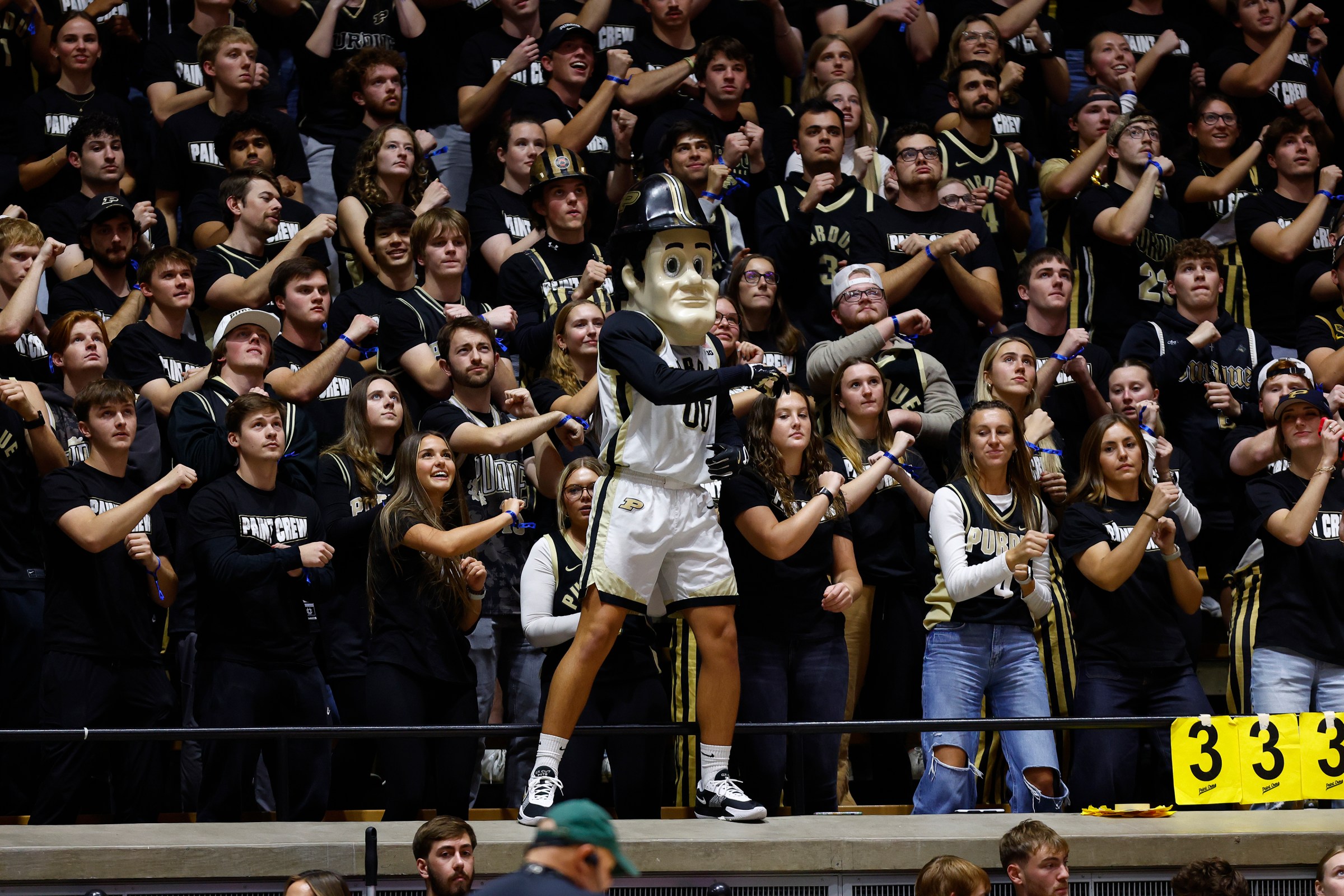 WEST LAFAYETTE, IN - NOVEMBER 16: Purdue Pete dances with the crowd during a college basketball game between the Akron Zips and the Purdue Boilermakers on November 16, 2025 at Mackey Arena in West Lafayette, IN. (Photo by Jeffrey Brown/Icon Sportswire via Getty Images)