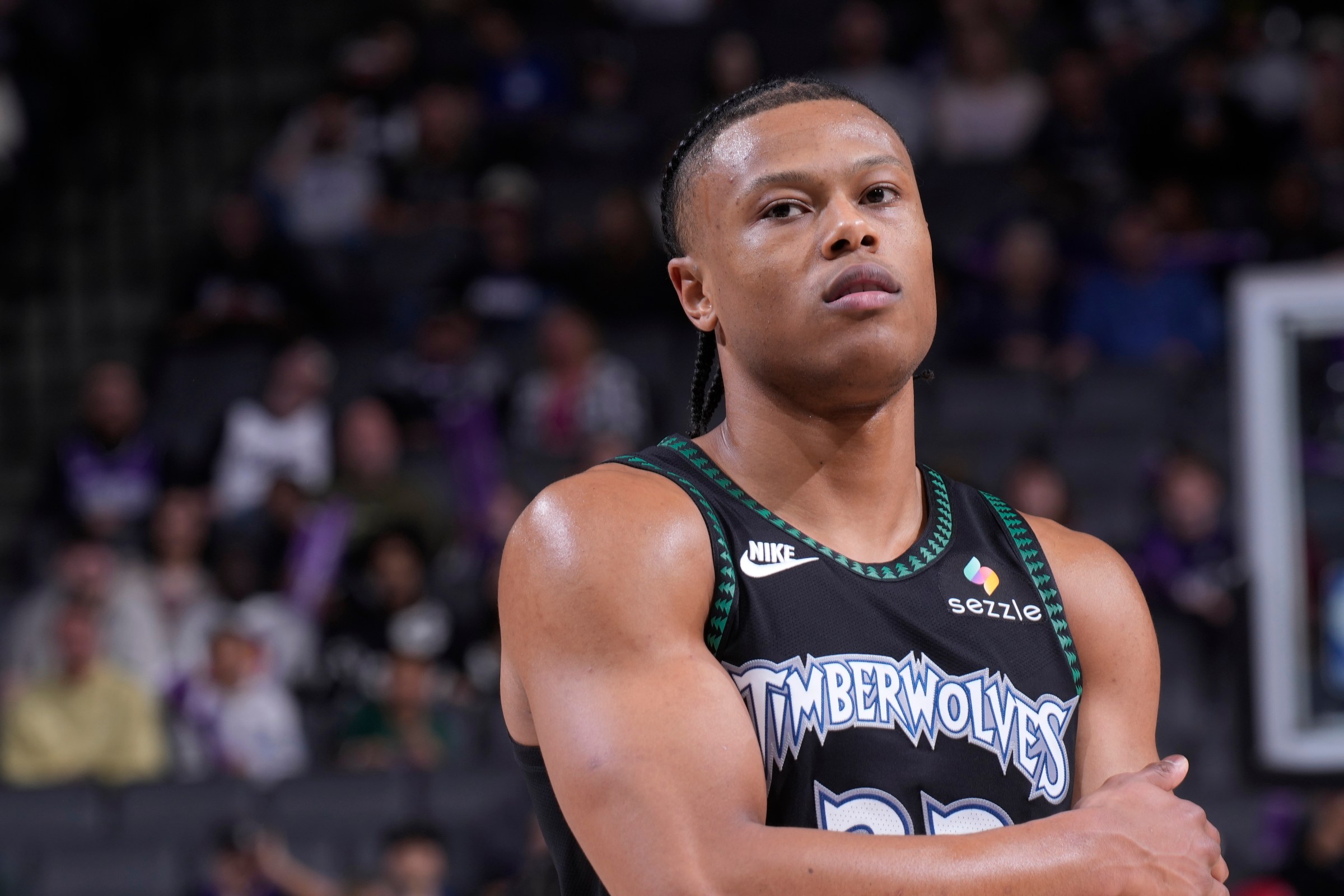 SACRAMENTO, CA - NOVEMBER 9: Jaylen Clark #22 of the Minnesota Timberwolves looks on during the game against the Sacramento Kings on November 9, 2025 at Golden 1 Center in Sacramento, California. NOTE TO USER: User expressly acknowledges and agrees that, by downloading and or using this photograph, User is consenting to the terms and conditions of the Getty Images Agreement. Mandatory Copyright Notice: Copyright 2025 NBAE (Photo by Rocky Widner/NBAE via Getty Images)