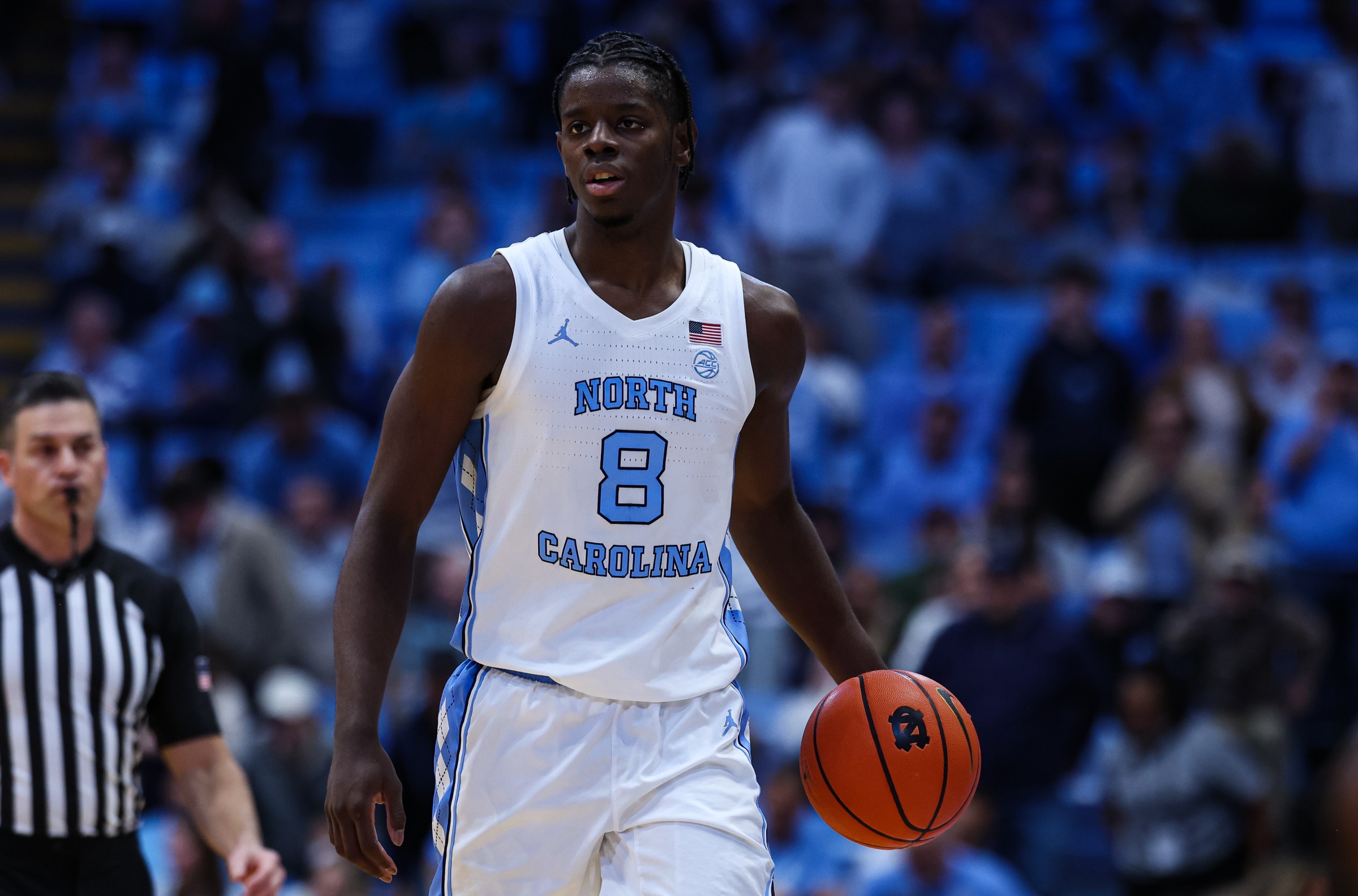 CHAPEL HILL, NORTH CAROLINA - NOVEMBER 18: Caleb Wilson #8 of the North Carolina Tar Heels brings the ball down the court during the second half against the Navy Midshipmen at Dean E. Smith Center on November 18, 2025 in Chapel Hill, North Carolina. (Photo by David Jensen/Getty Images)