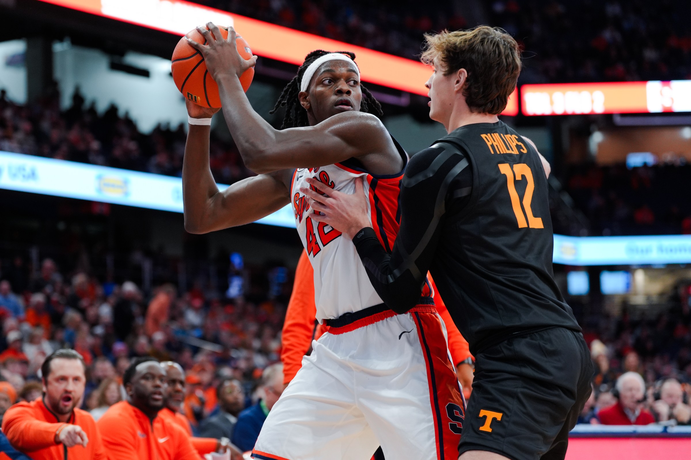 SYRACUSE, NEW YORK - DECEMBER 3: William Kyle III #42 of the Syracuse Orange during a game against the Tennessee Volunteers at the JMA Wireless Dome on December 3, 2025 in Syracuse, New York. (Photo by Todd F. Michalek/Syracuse Athletics/University Images via Getty Images)