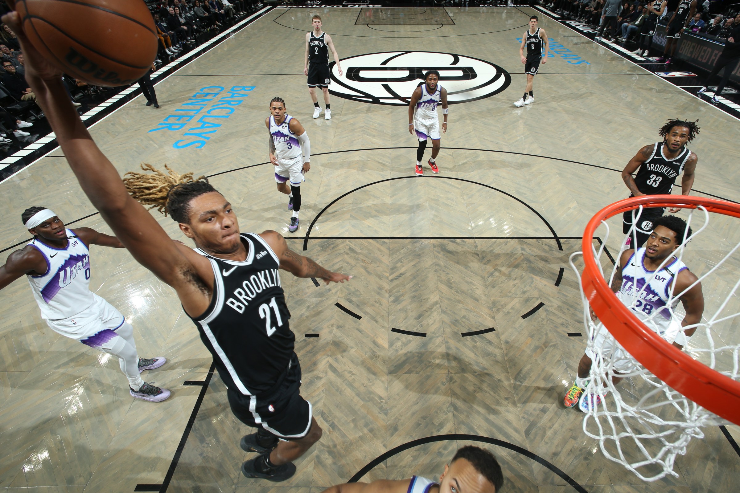 BROOKLYN, NY - DECEMBER 4: Noah Clowney #21 of the Brooklyn Nets dunks the ball during the game against the Utah Jazz on December 4, 2025 at Barclays Center in Brooklyn, New York. NOTE TO USER: User expressly acknowledges and agrees that, by downloading and or using this Photograph, user is consenting to the terms and conditions of the Getty Images License Agreement. Mandatory Copyright Notice: Copyright 2025 NBAE (Photo by Nathaniel S. Butler/NBAE via Getty Images)