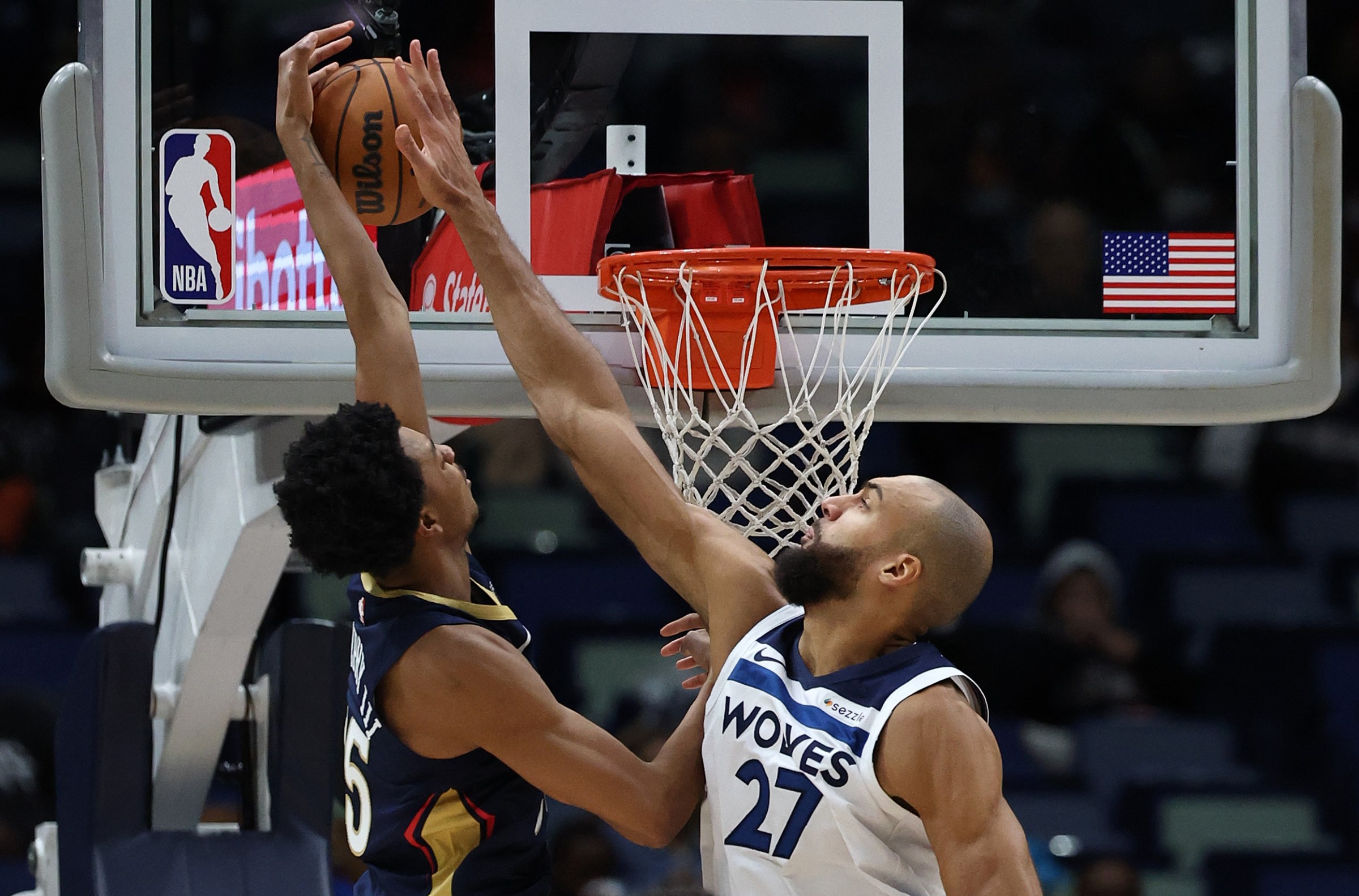 NEW ORLEANS, LOUISIANA - DECEMBER 02: Rudy Gobert #27 of the Minnesota Timberwolves blocks a shot by Trey Murphy III #25 of the New Orleans Pelicans at Smoothie King Center on December 02, 2025 in New Orleans, Louisiana. NOTE TO USER: User expressly acknowledges and agrees that, by downloading and or using this photograph, User is consenting to the terms and conditions of the Getty Images License Agreement. (Photo by Chris Graythen/Getty Images)