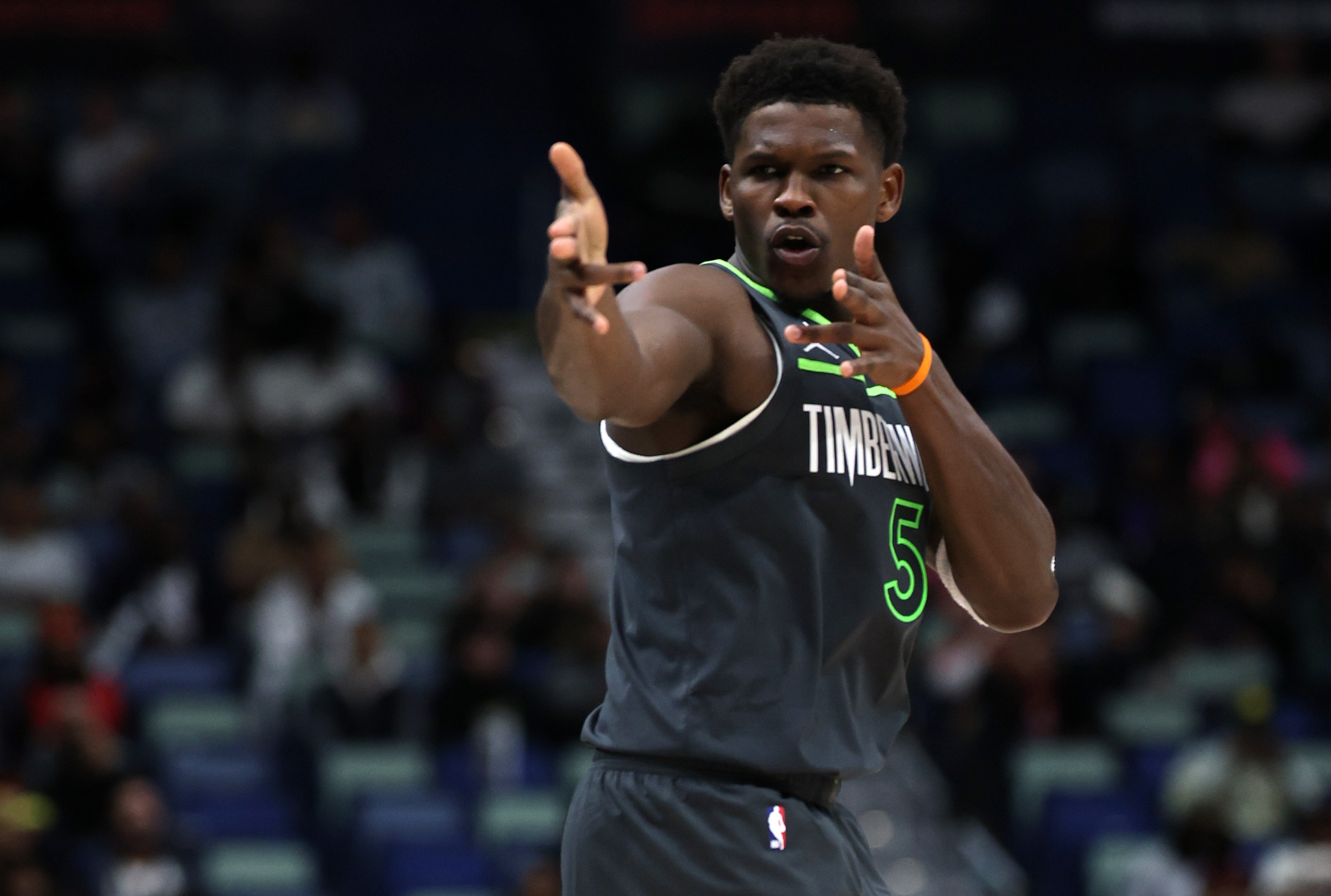 NEW ORLEANS, LOUISIANA - DECEMBER 04: Anthony Edwards #5 of the Minnesota Timberwolves reacts after scoring against the New Orleans Pelicans at Smoothie King Center on December 04, 2025 in New Orleans, Louisiana. NOTE TO USER: User expressly acknowledges and agrees that, by downloading and or using this photograph, User is consenting to the terms and conditions of the Getty Images License Agreement. (Photo by Chris Graythen/Getty Images)