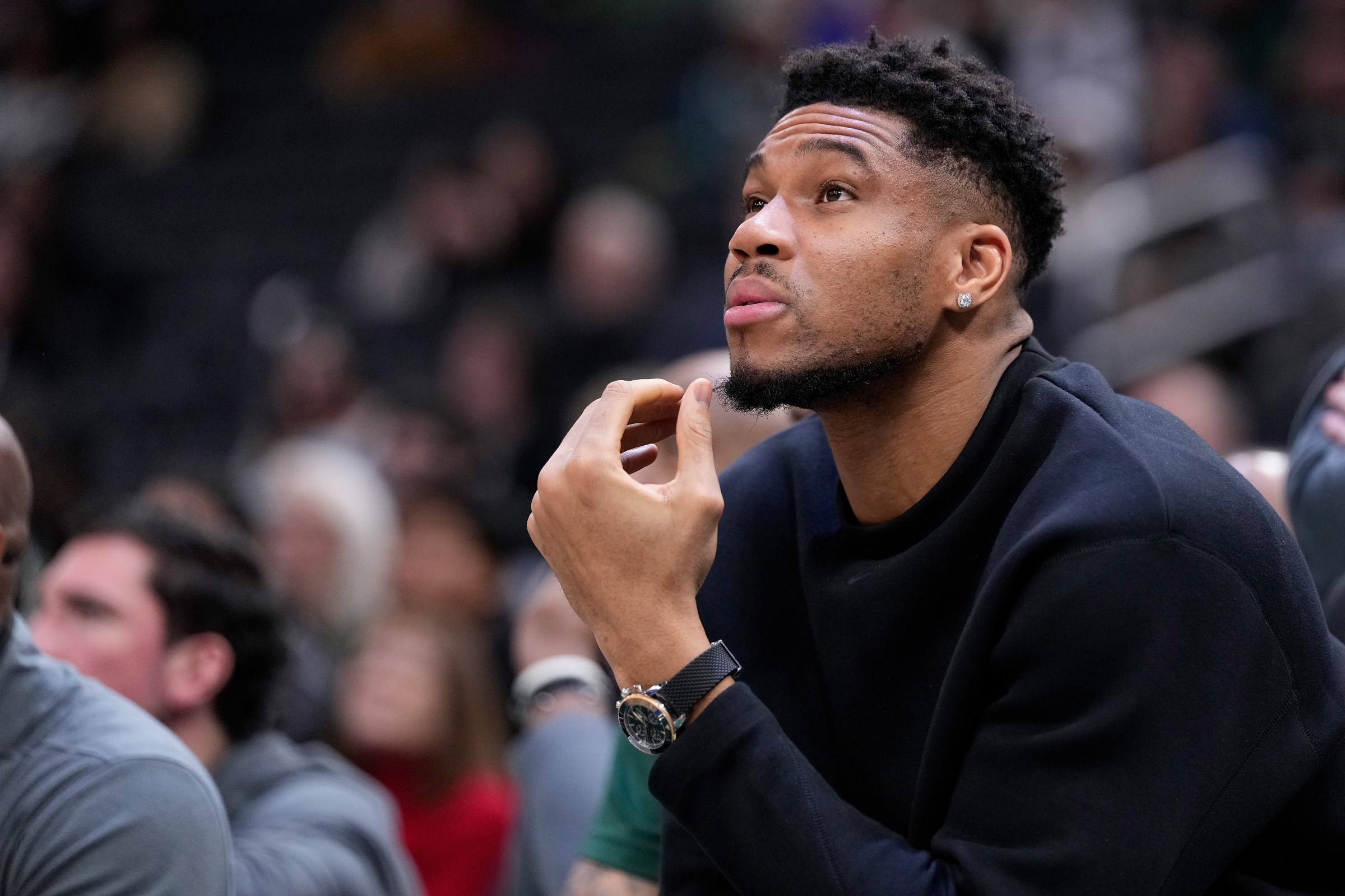 MILWAUKEE, WISCONSIN - DECEMBER 11: Giannis Antetokounmpo of the Milwaukee Bucks watches the action during the second half against the Boston Celtics at Fiserv Forum on December 11, 2025 in Milwaukee, Wisconsin. NOTE TO USER: User expressly acknowledges and agrees that, by downloading and or using this photograph, User is consenting to the terms and conditions of the Getty Images License Agreement. (Photo by John Fisher/Getty Images)