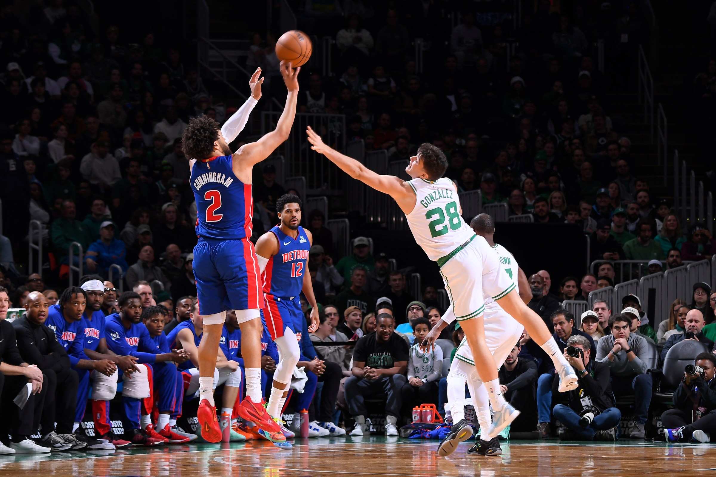 BOSTON, MA - DECEMBER 15: Cade Cunningham #2 of the Detroit Pistons shoots a three point basket as Hugo Gonzalez #28 of the Boston Celtics plays defense during the game on December 15, 2025 at TD Garden in Boston, Massachusetts. NOTE TO USER: User expressly acknowledges and agrees that, by downloading and/or using this Photograph, user is consenting to the terms and conditions of the Getty Images License Agreement. Mandatory Copyright Notice: Copyright 2025 NBAE (Photo by Brian Babineau/NBAE via Getty Images)