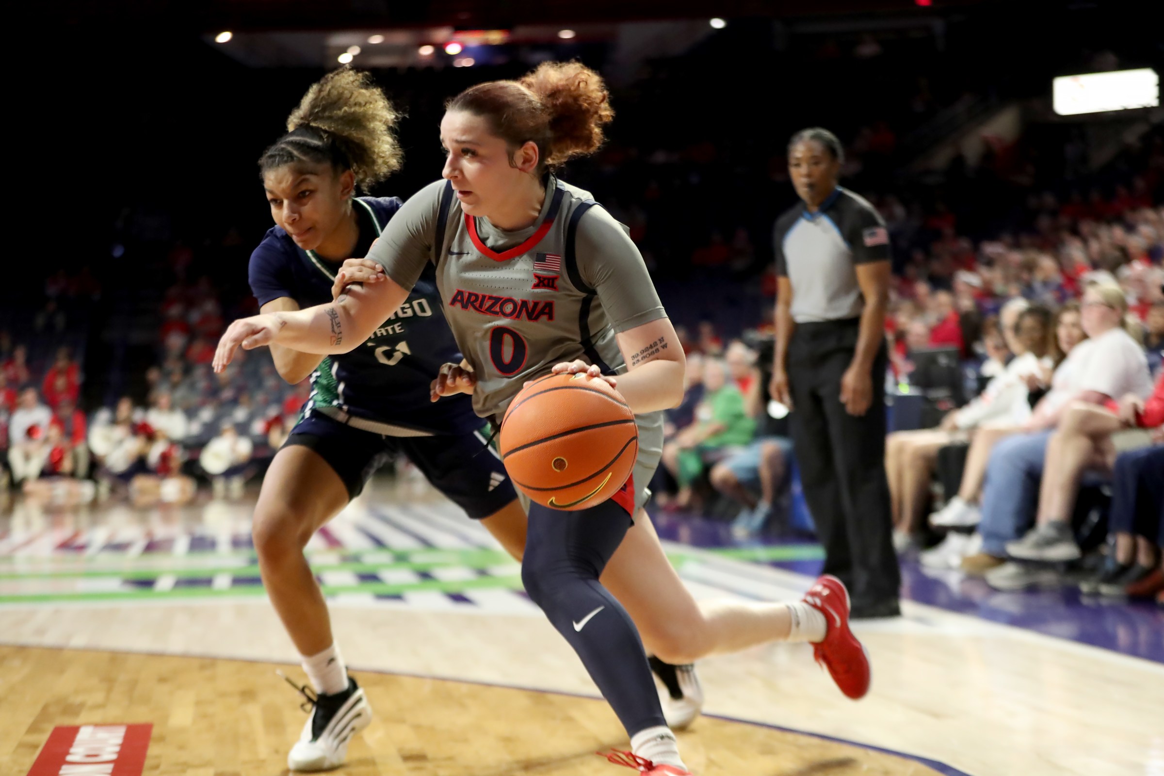 TUCSON, AZ - DECEMBER 15: Arizona Wildcats guard Mickayla Perdue (0) during the second quarter of a women’s basketball game between the Chicago State Cougars and the Arizona Wildcats on December 15, 2025, at McKale Center in Tucson, AZ. (Photo by Christopher Hook/Icon Sportswire via Getty Images)