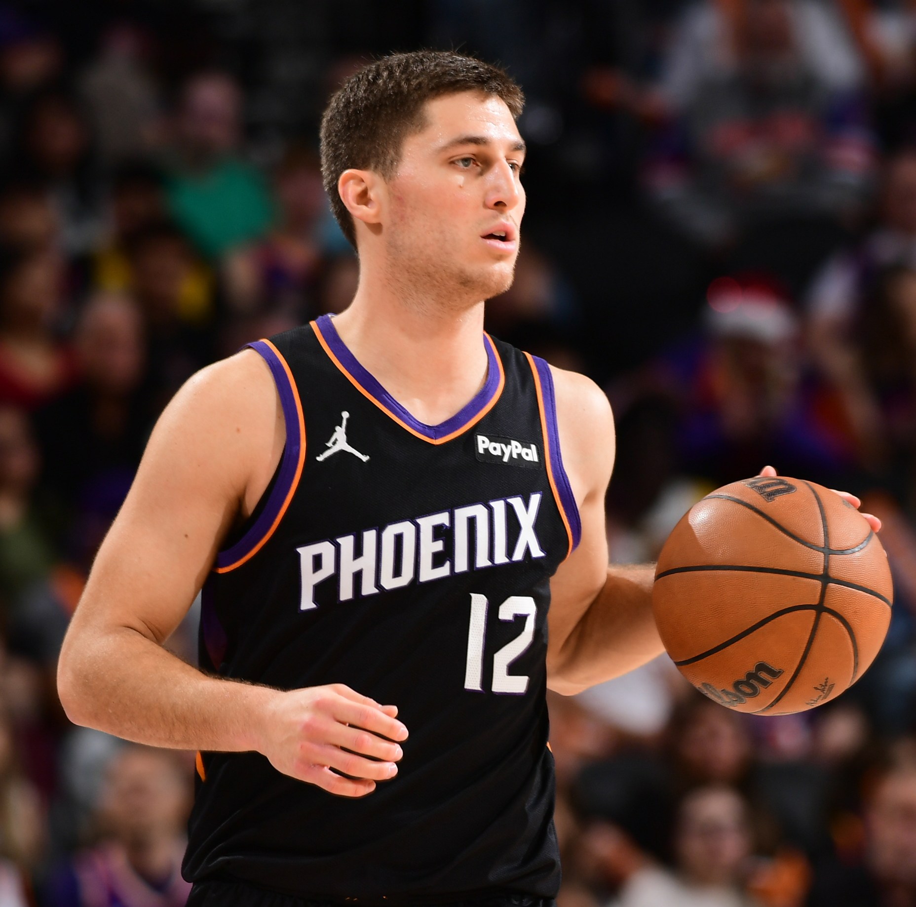 PHOENIX, AZ - DECEMBER 23: Collin Gillespie #12 of the Phoenix Suns handles the ball during the game against the Los Angeles Lakers on December 23, 2025 at PHX Arena in Phoenix, Arizona. NOTE TO USER: User expressly acknowledges and agrees that, by downloading and or using this photograph, user is consenting to the terms and conditions of the Getty Images License Agreement. Mandatory Copyright Notice: Copyright 2025 NBAE (Photo by Kate Frese/NBAE via Getty Images)