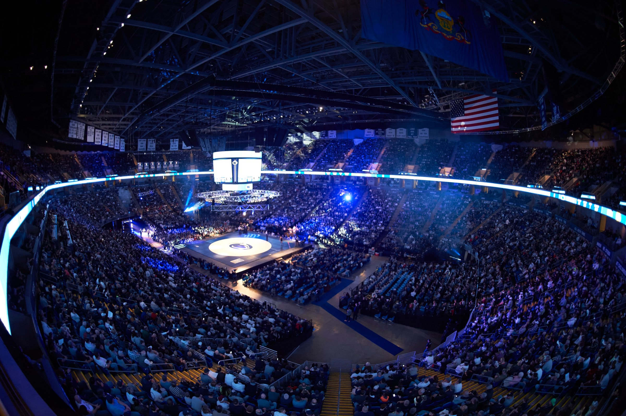 College Wrestling: Wide view of fans and arena during Penn State vs Iowa matches at Bryce Jordan Center. University Park, PA 2/10/2018 CREDIT: Fred Vuich (Photo by Fred Vuich /Sports Illustrated via Getty Images) (Set Number: X161737 TK1 )