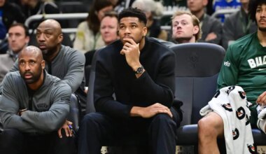 Dec 11, 2025; Milwaukee, Wisconsin, USA; Milwaukee Bucks forward Giannis Antetokounmpo (34) looks on from the bench while recovering from an injury in the second quarter against the Boston Celtics at Fiserv Forum. Mandatory Credit: Benny Sieu-Imagn Images