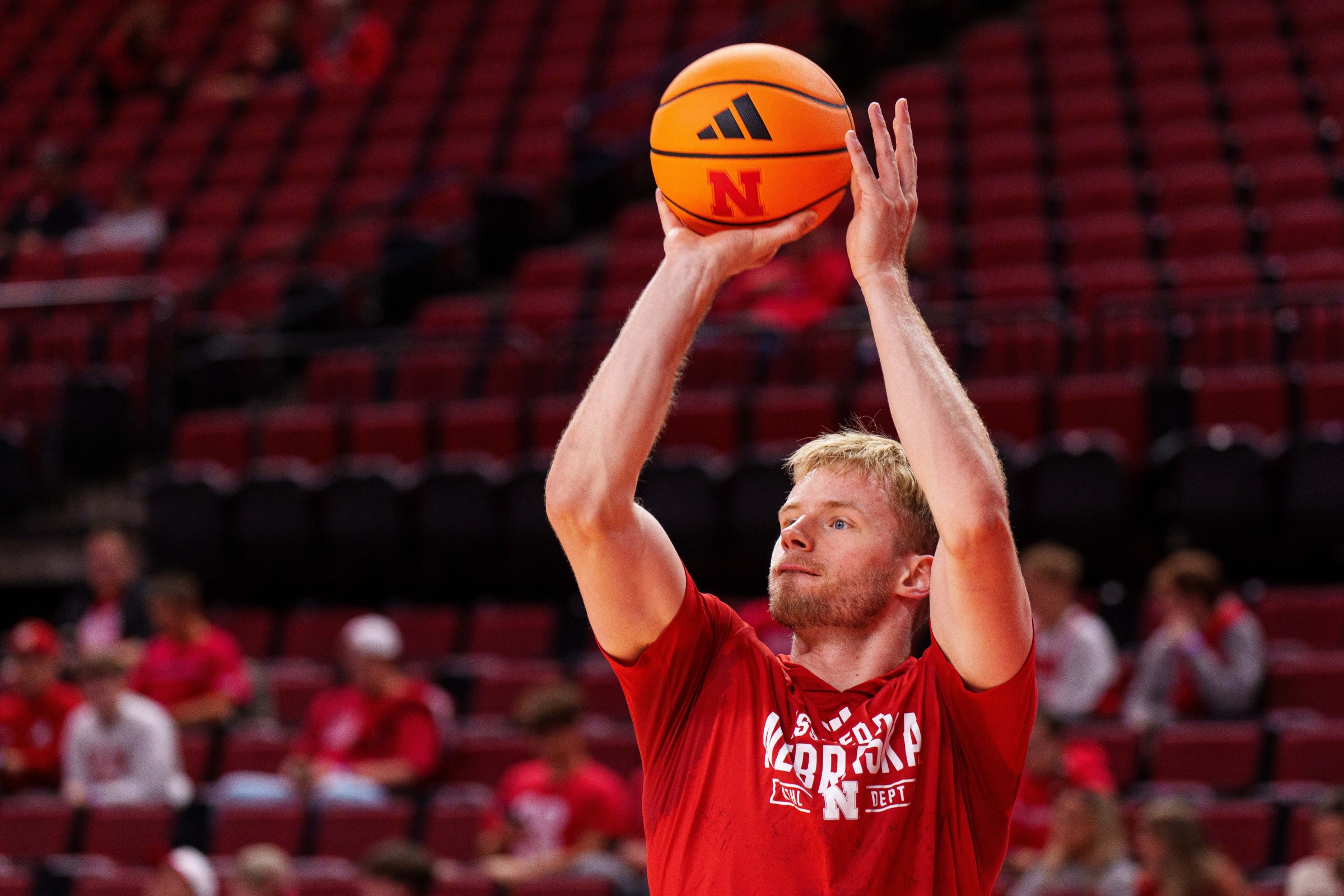 Nov 3, 2025; Lincoln, Nebraska, USA; Nebraska Cornhuskers forward Rienk Mast (51) warms up before e game against the West Georgia Wolves at Pinnacle Bank Arena. Mandatory Credit: Dylan Widger-Imagn Images